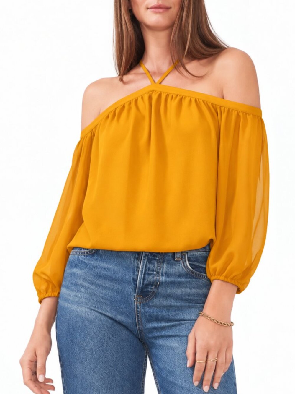 1.STATE Off Shoulder Halter Blouse Cold Shoulder Top Saffron Yellow Sz  XS NWT
